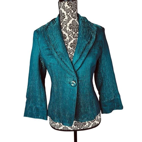 Erin London Jacket Pleated 3/4 Sleeve Metallic Green Size S Holiday Party - Picture 1 of 6